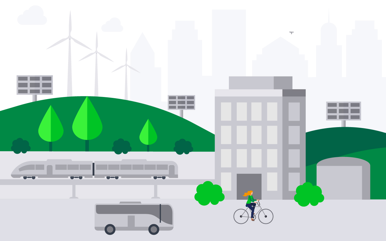 Ilustrace udržitelného města. Udržitelný spotřební materiál Lexmark.